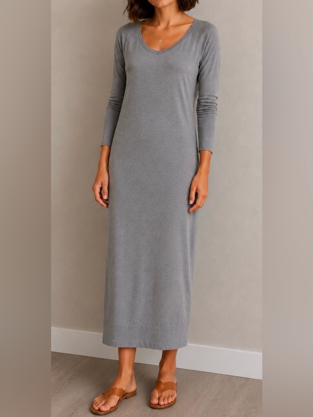 James Perse Dress Gray Long Sleeve Scoop Neck Sheath Maxi Like New 100% Cotton